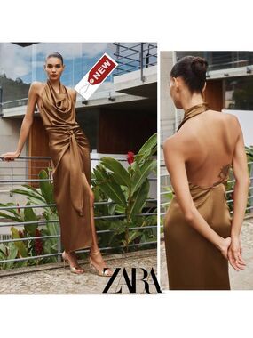 Zara brown satin effect open back front knot halter top midi maxi dress formal L